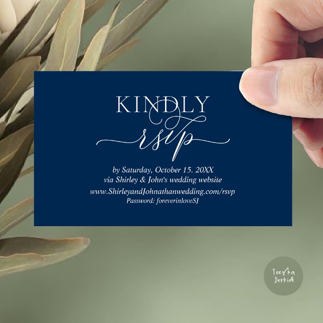 RSVP Wedding Invitation, via Website Password Enclosure Card (Modern RSVP Wedding Invitation, via Website Enclosure Card, Phone, email, Navy Blue)