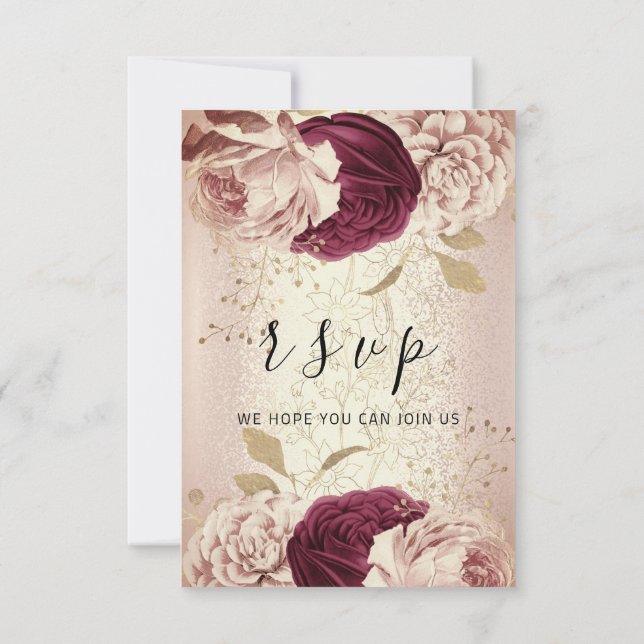 RSVP  Wedding Marsala Florals Roses PinkGlam Card (Back)