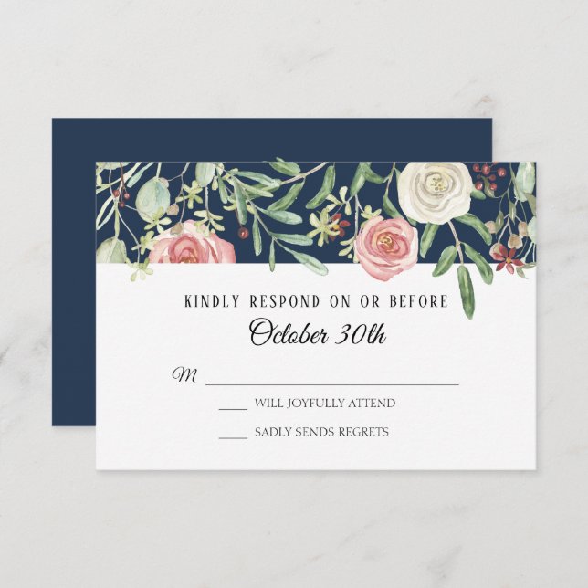 RSVP Wedding Navy Blush Ivory Rose Foliage Leaf Invitation (Front/Back)
