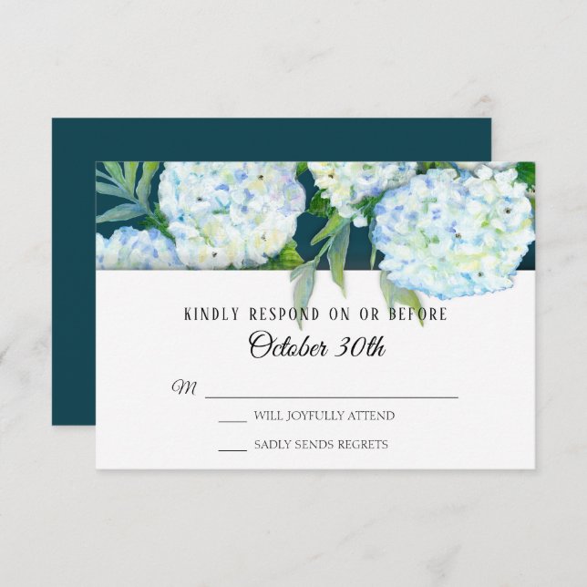 RSVP Wedding Painted White Hydrangeas Peacock Blue Invitation (Front/Back)