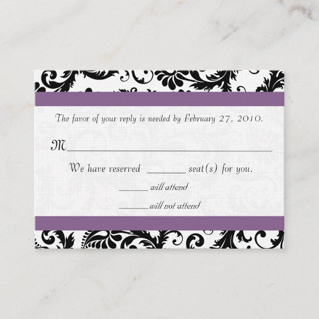 RSVP Wedding Response Card Purple  Black Damask (Front)