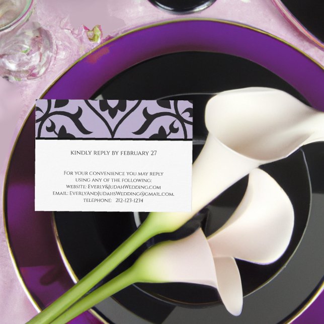 RSVP Wedding Response Card Purple  Black Damask (Creator Uploaded)