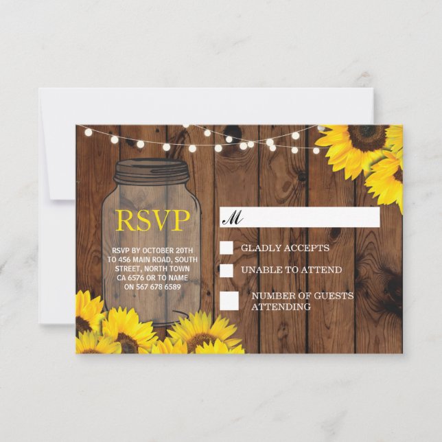 RSVP Wedding Rustic Jar Sunflowers Respond Cards (Front)