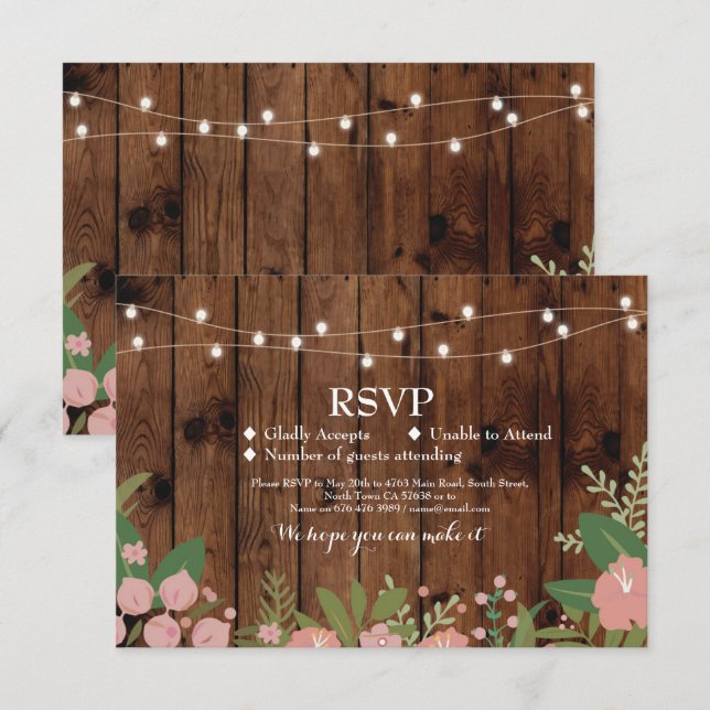 RSVP Wedding Rustic Wood Floral Cards Invites (Front/Back)