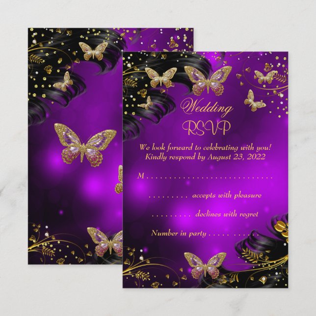 RSVP Wedding Sparkle purple Gold Black Butterfly Card (Front/Back)