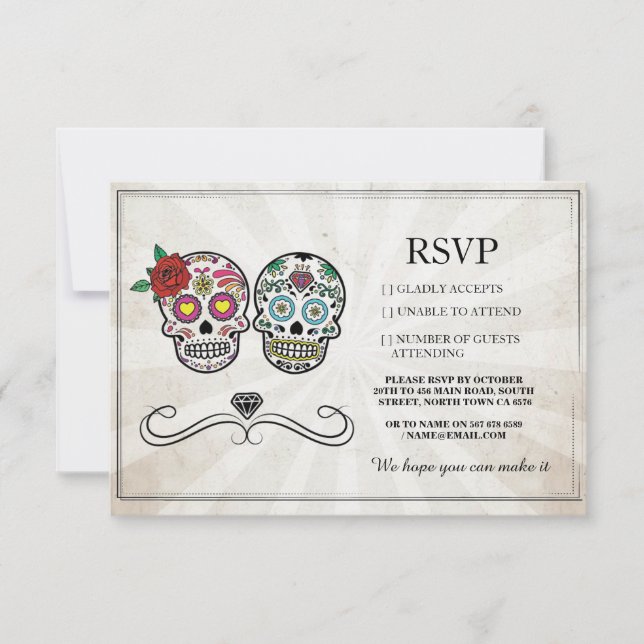 RSVP Wedding Sugar Skulls Diamond Rustic Cards (Front)