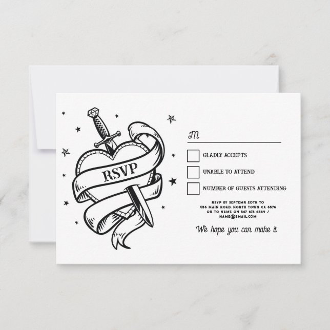 RSVP Wedding Tattoo Traditional Rock Heart Invitation (Front)