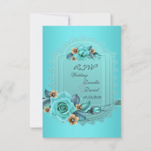RSVP Wedding Teal Blue Beige Roses Flowers 2 Invitation