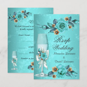 RSVP Wedding Teal Blue Champagne Roses Flowers Invitation