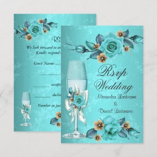 RSVP Wedding Teal Blue Champagne Roses Flowers  Invitation