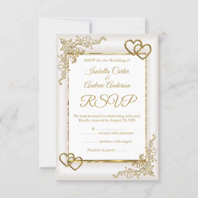 RSVP Wedding Vintage Cream White Gold Hearts Card (Front)