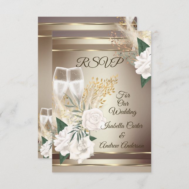 RSVP Wedding White Rose Champagne Gold Bronze Invitation (Front/Back)