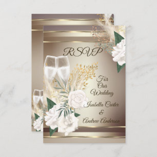 RSVP Wedding White Rose Champagne Gold Bronze Invitation