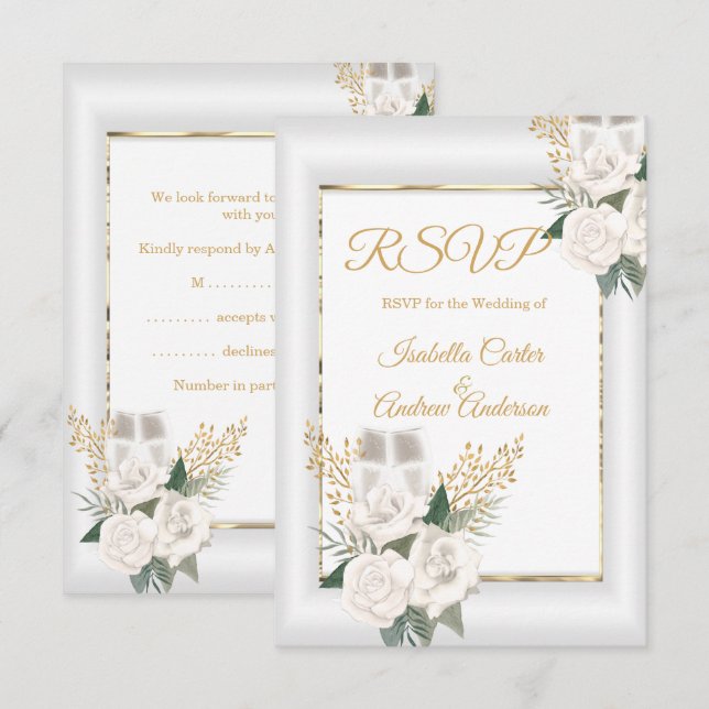 RSVP Wedding White Rose Floral Champagne Gold Card (Front/Back)