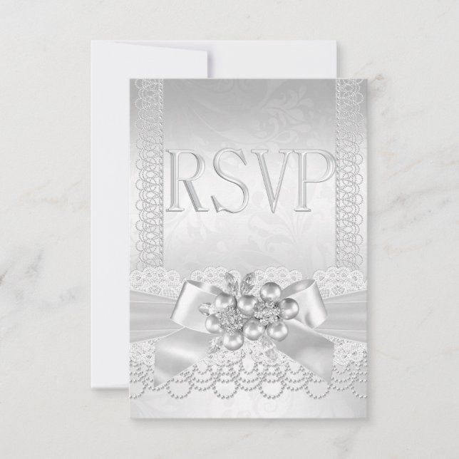 RSVP Wedding White Silver Pearl Lace Damask Card (Front)