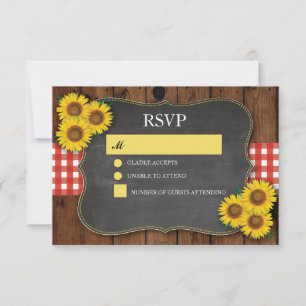 RSVP Wedding Wood Rustic Red Check Sunflower Card