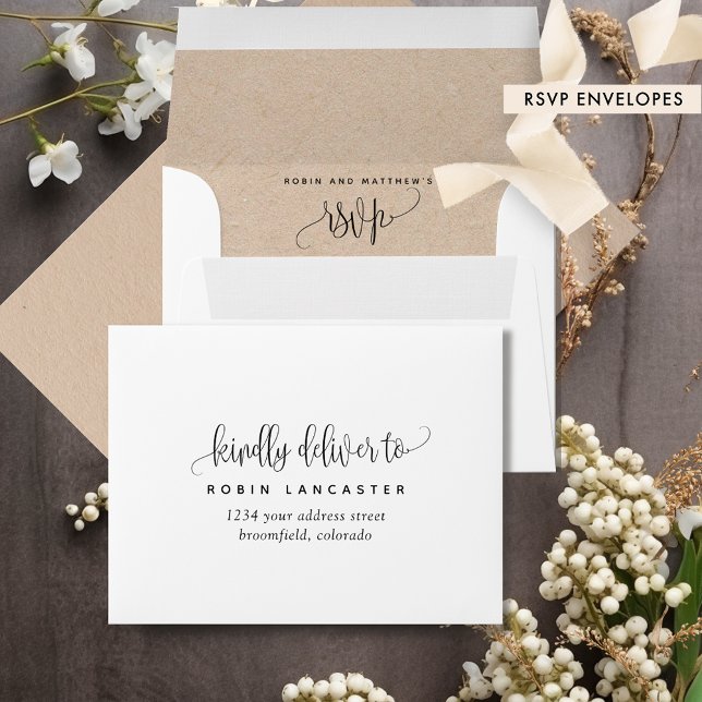 RSVP White and Kraft Style Rustic Monogram, Script Envelope (Creator Uploaded)