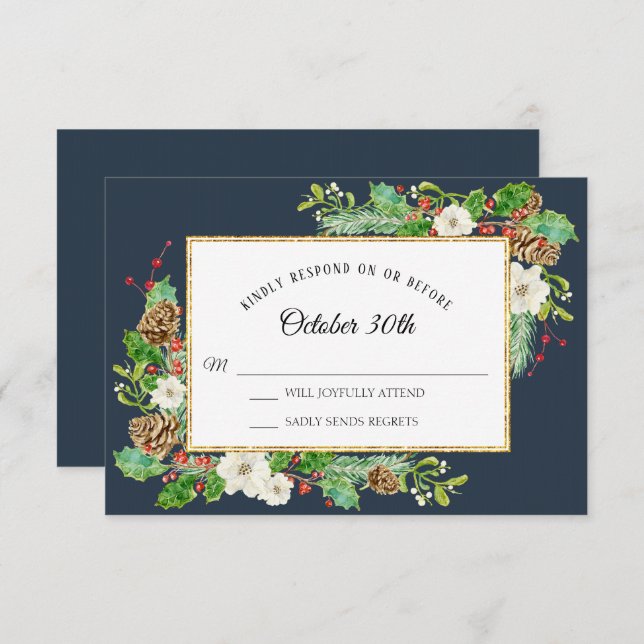 RSVP Winter Navy Blue Christmas Floral Watercolor Invitation (Front/Back)