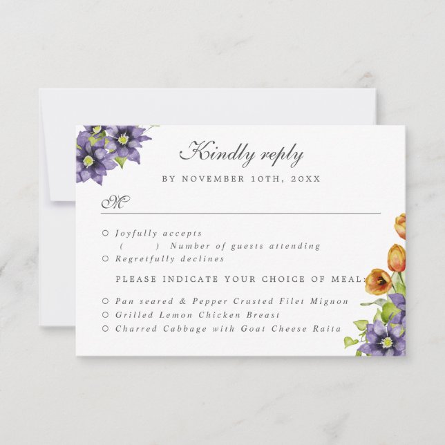 RSVP with meal choices watercolor spring flowers Invitation (Front)