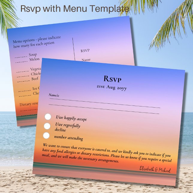 RSVP with Menu Template Beach Tropical Sunset Postcard (Creator Uploaded)
