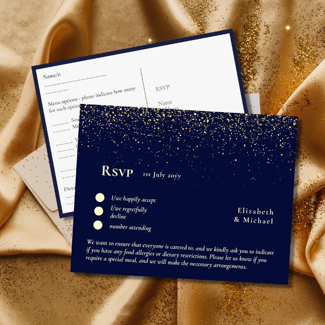 RSVP with Menu Template | Navy Blue Gold Postcard (Creator Uploaded)