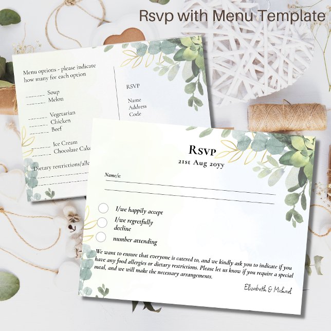 RSVP with Menu Template Rustic Eucalyptus Leaves Postcard (Creator Uploaded)