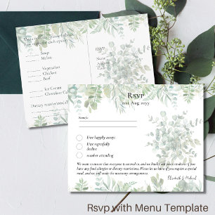 RSVP with Menu Template Rustic Greenery Leaf Boho Postcard