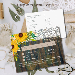 RSVP with Menu Template Rustic Sunflowers Lace Postcard