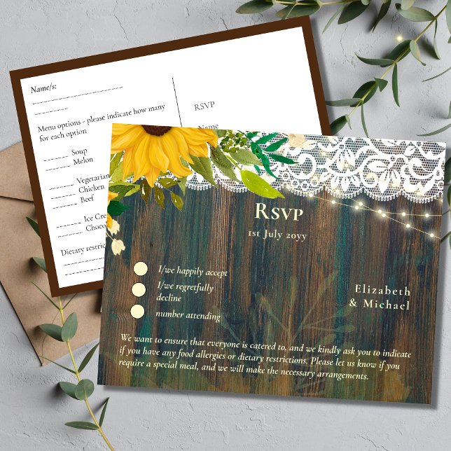 RSVP with Menu Template | Rustic Sunflowers Lace Postcard (Creator Uploaded)