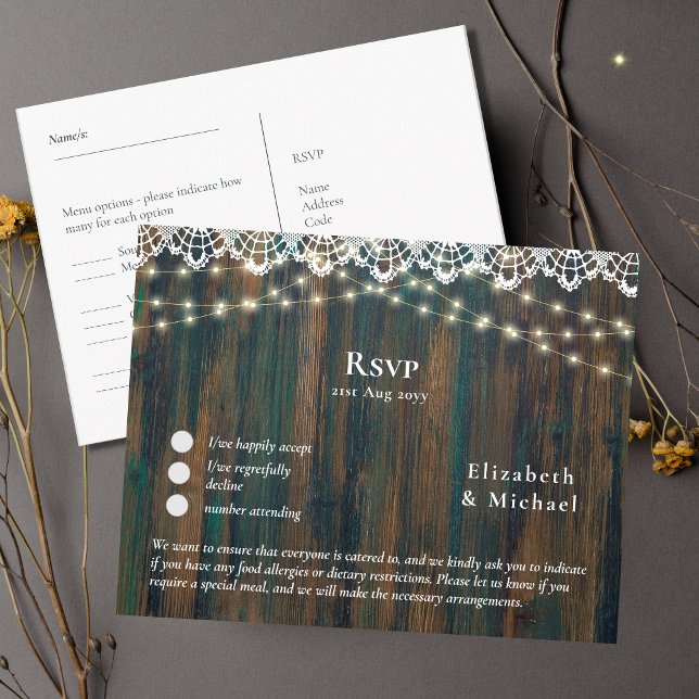 RSVP with Menu Template Rustic Wood Lace Lights Postcard (Creator Uploaded)