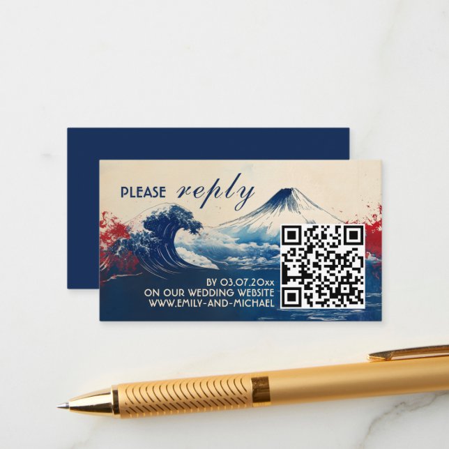 RSVP with QR code Japonesque Harmony with Fuji Enclosure Card (Front/Back In Situ)