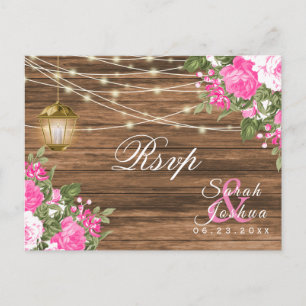 RSVP -  Wood, Lantern and Pink Floral Wedding Postcard