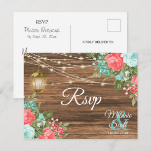 RSVP -Wood, Lantern and Teal, Coral Floral Wedding Postcard
