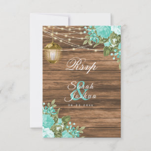 RSVP -  Wood, Lanterns and Teal Flower Card