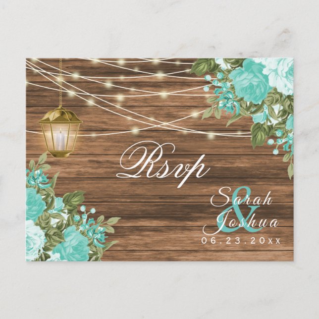 RSVP -  Wood, Lanterns and Teal Flower Postcard (Front)