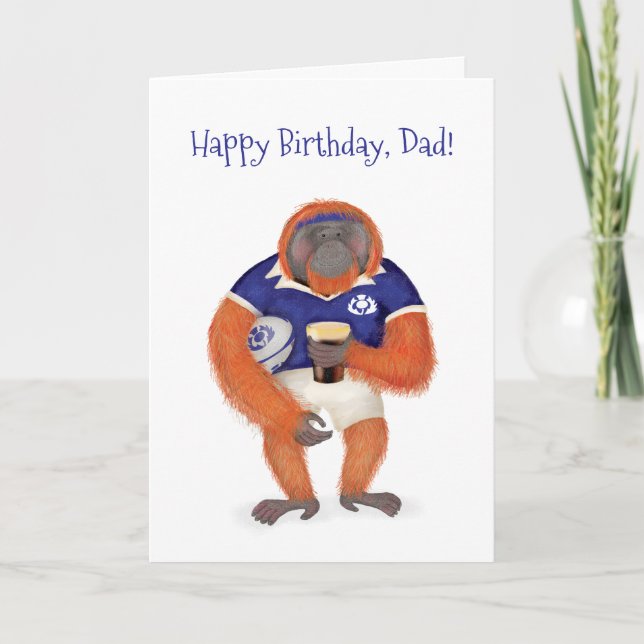 Ruaridh the rugby orangutan birthday card for dad (Front)