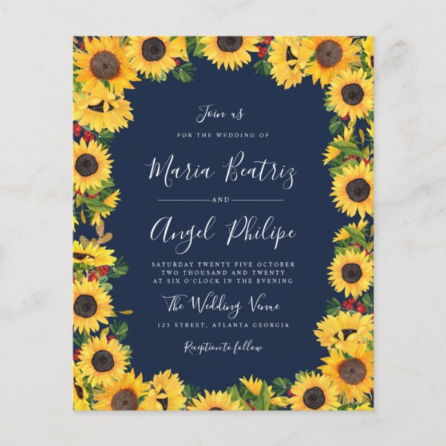 ruatic navy blue sunflower wedding invitation (Front)