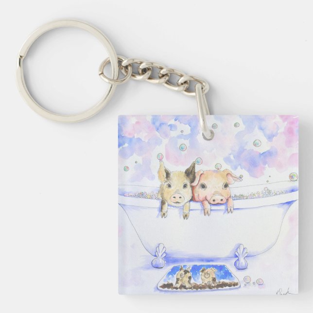 Rub a Dub Dub Piggies in the Tub Painting Key Ring (Front)