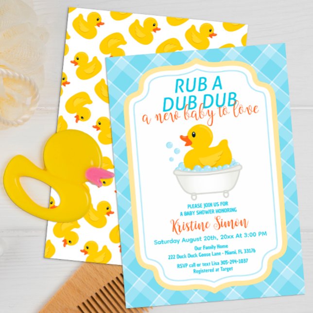 Rub-A-Dub Rubber Duck Baby Shower Invitation – Blu (script typography rubber duck fun baby shower invitation)