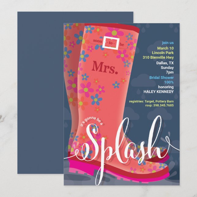 Rubber Boot Splash Bridal Shower Invitation (Front/Back)