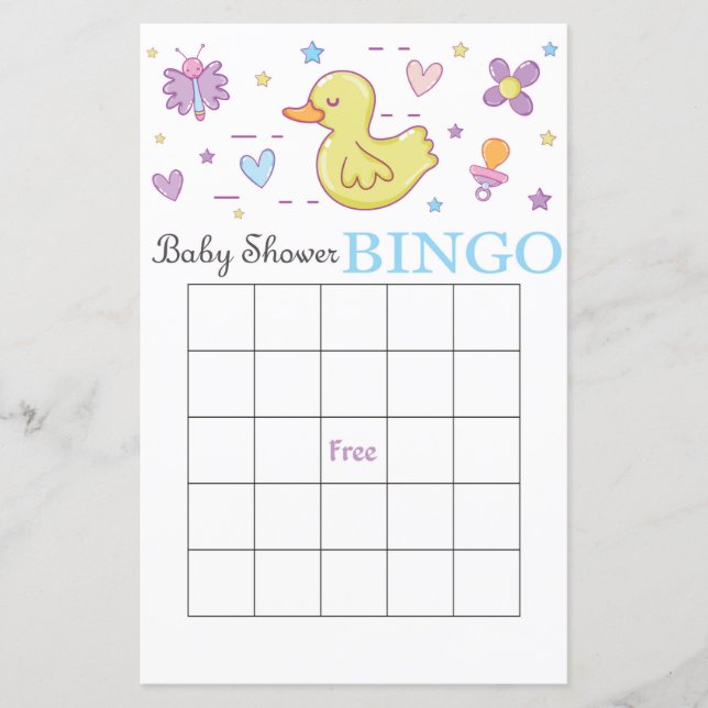Rubber duck baby shower bingo card (Front)