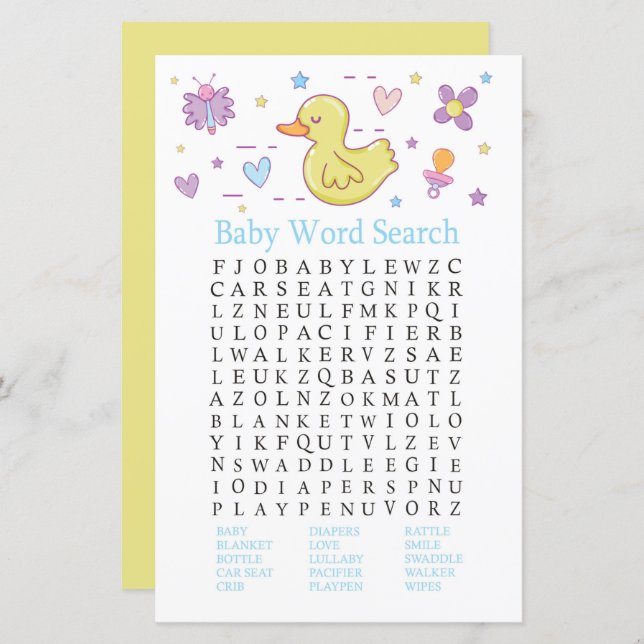 Rubber duck Baby Shower Word Search Game (Front/Back)