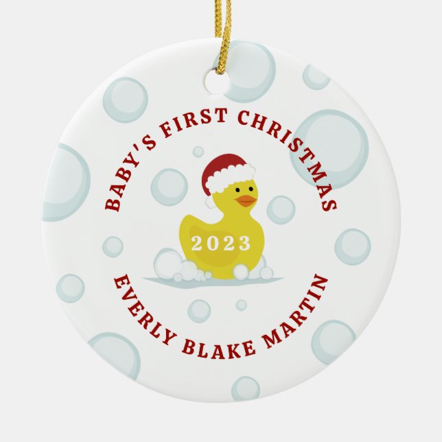 Rubber Duck Baby's First Christmas Bubbles Photo Ceramic Tree Decoration (Front)