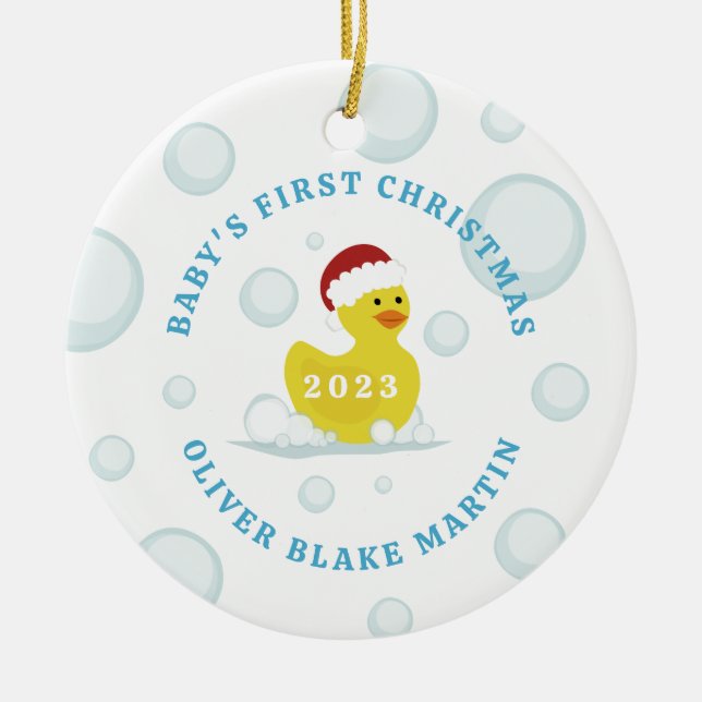 Rubber Duck Baby's First Christmas Photo Blue Ceramic Tree Decoration (Front)