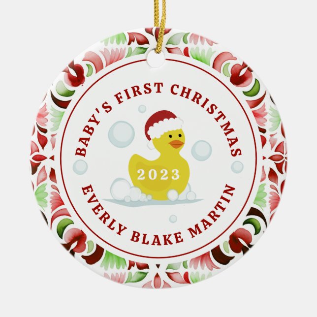Rubber Duck Baby's First Christmas Photo Ceramic Tree Decoration (Front)
