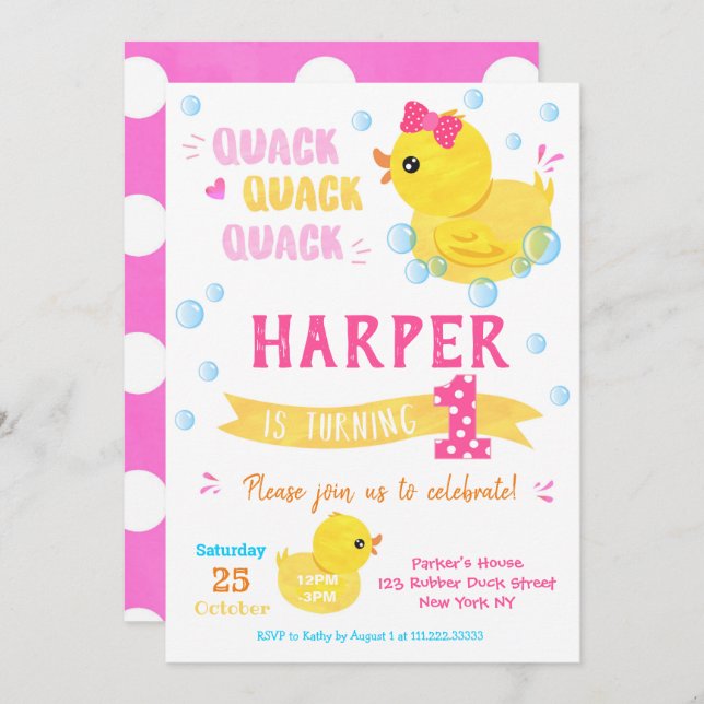 Rubber Duck Birthday Invitations Girl (Front/Back)