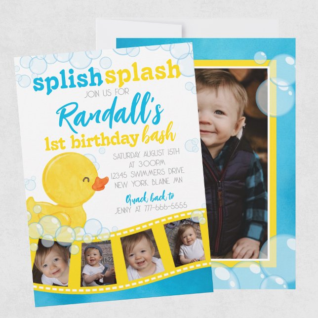Rubber Duck Filmstrip Multi Photo Picture Birthday Invitation (Watercolor Rubber Duck 5 Photo Filmstrip Birthday Invitations. Printed or Digital Download)