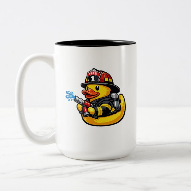Rubber Duck Firefighter Two-Tone Coffee Mug (Left)
