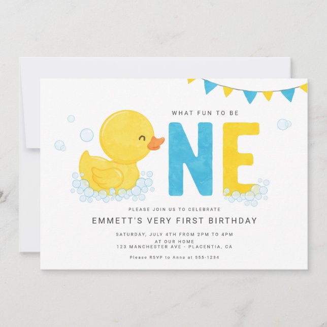 Rubber Duck First birthday Party Blue Yellow Invitation (Front)