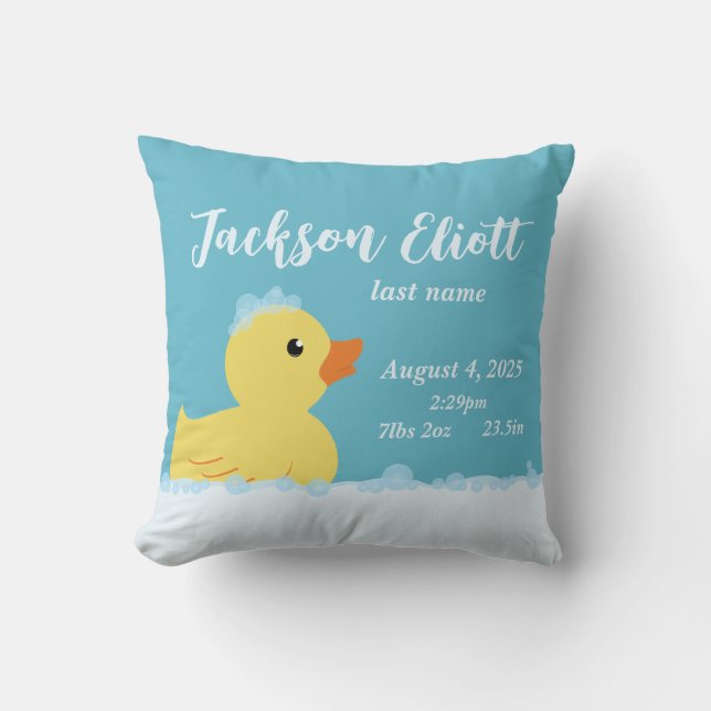 Rubber Duck Gender Neutral Newborn Baby Stats Cushion (Front)